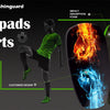 A person wearing green soccer gear is shown next to personalized shin pads, highlighting the 360 custom design feature.