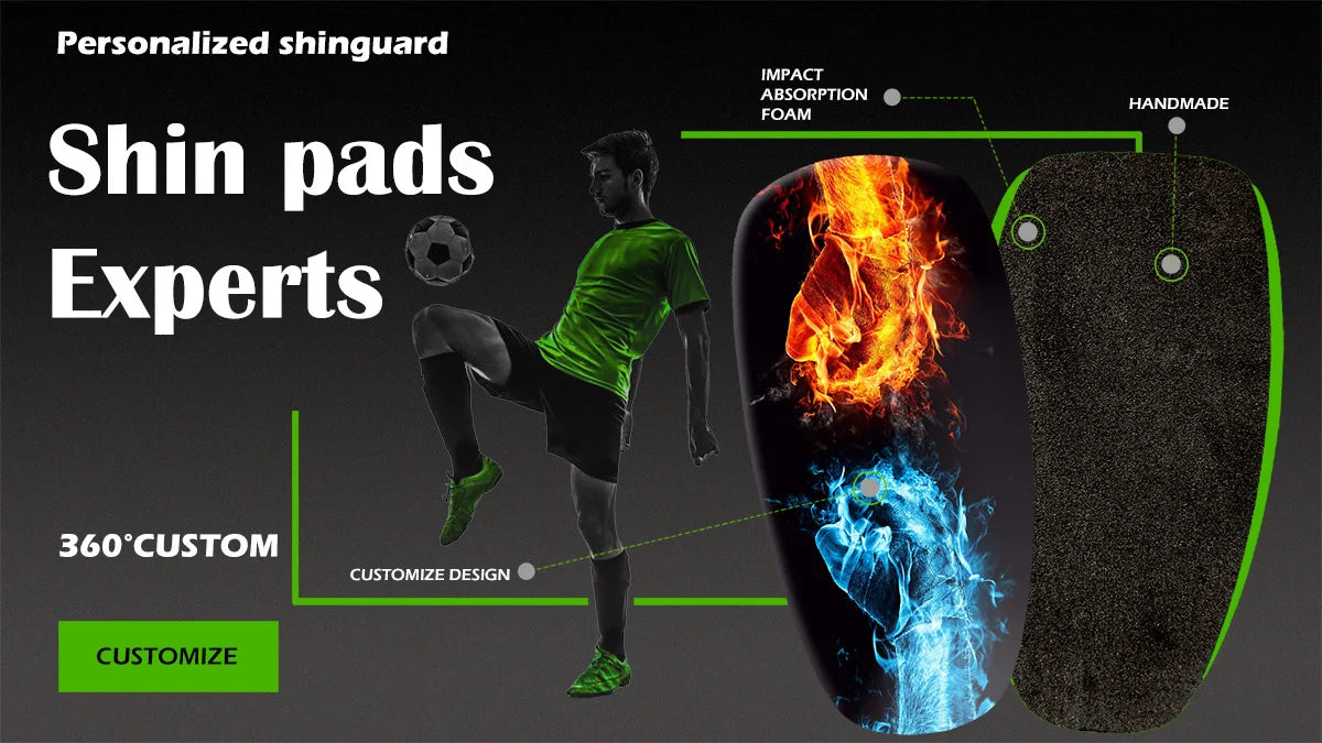 A person wearing green soccer gear is shown next to personalized shin pads, highlighting the 360 custom design feature.