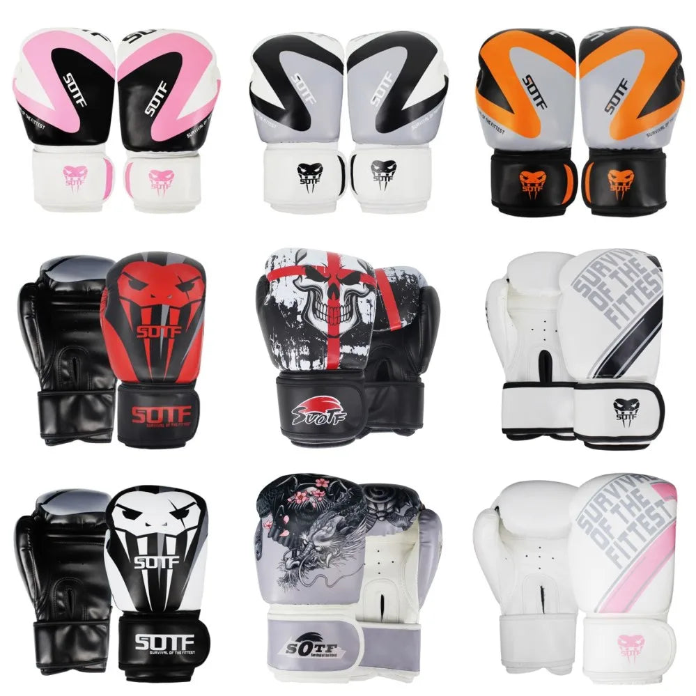 A collection of multi-color MMA boxing gloves for combat sports shown in various shades and designs.