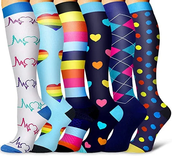A variety of colorful compression elastic socks in various stripes and patterns are displayed.