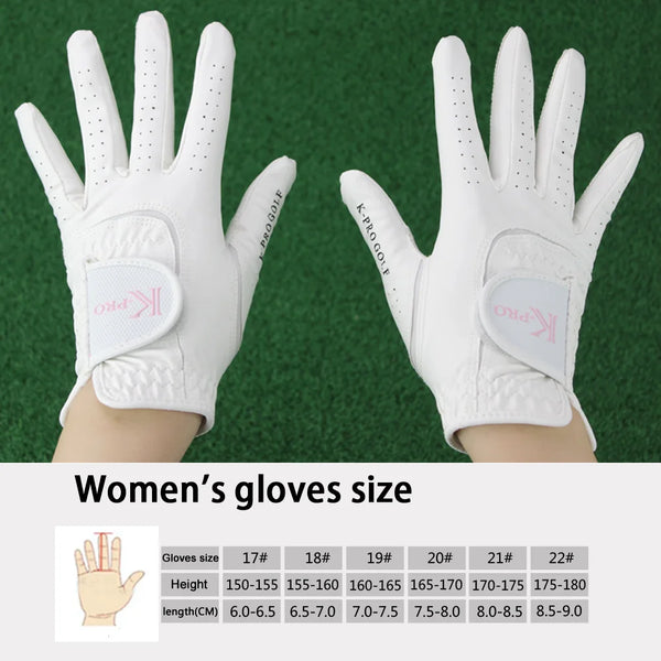 Pair of white women's golf gloves displayed with a size chart.