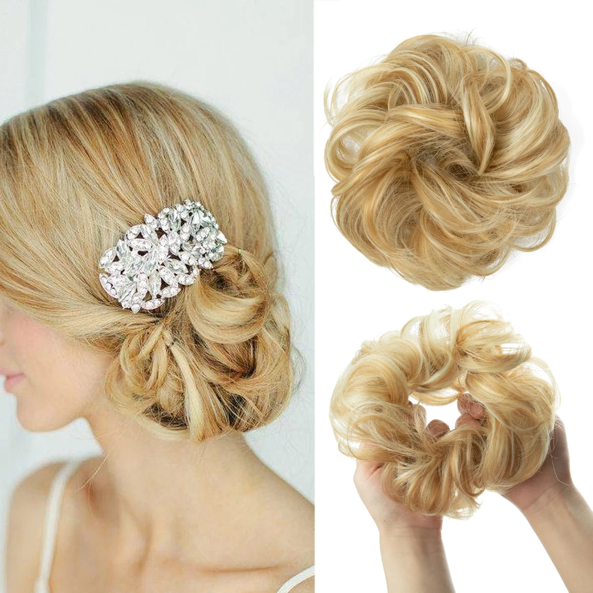 Blonde hair styled in a textured bun with silver floral extensions