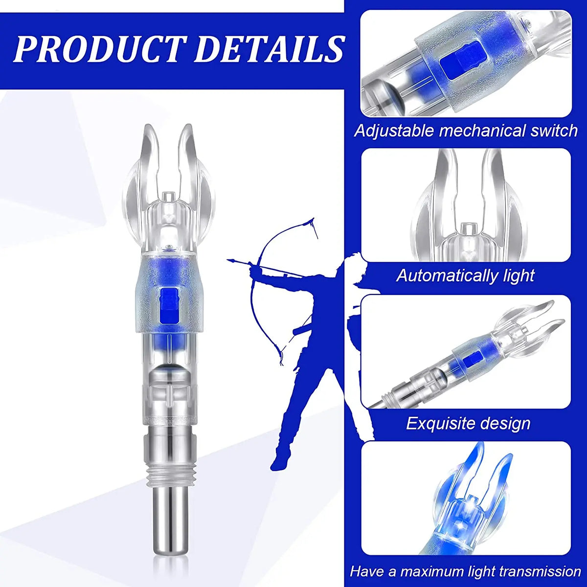 Product details showing an adjustable mechanical switch and a lighted arrow nock for archery.