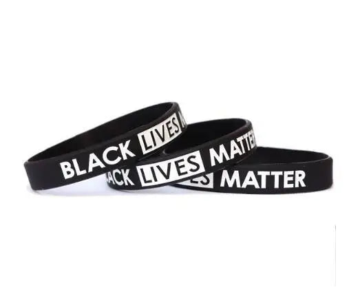 Black silicone wristband with white text reading Black Lives Matter
