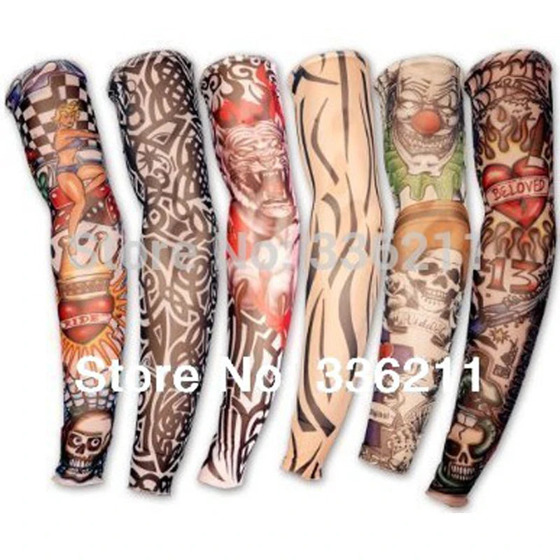 A collection of reusable UV protection tattoo arm sleeves featuring various dark and colorful designs.