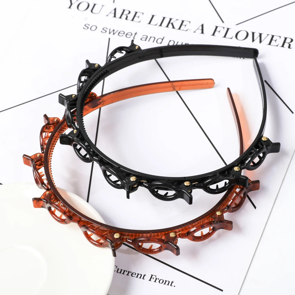 Double layer headband featuring amber and black material with pearl and rhinestone accents
