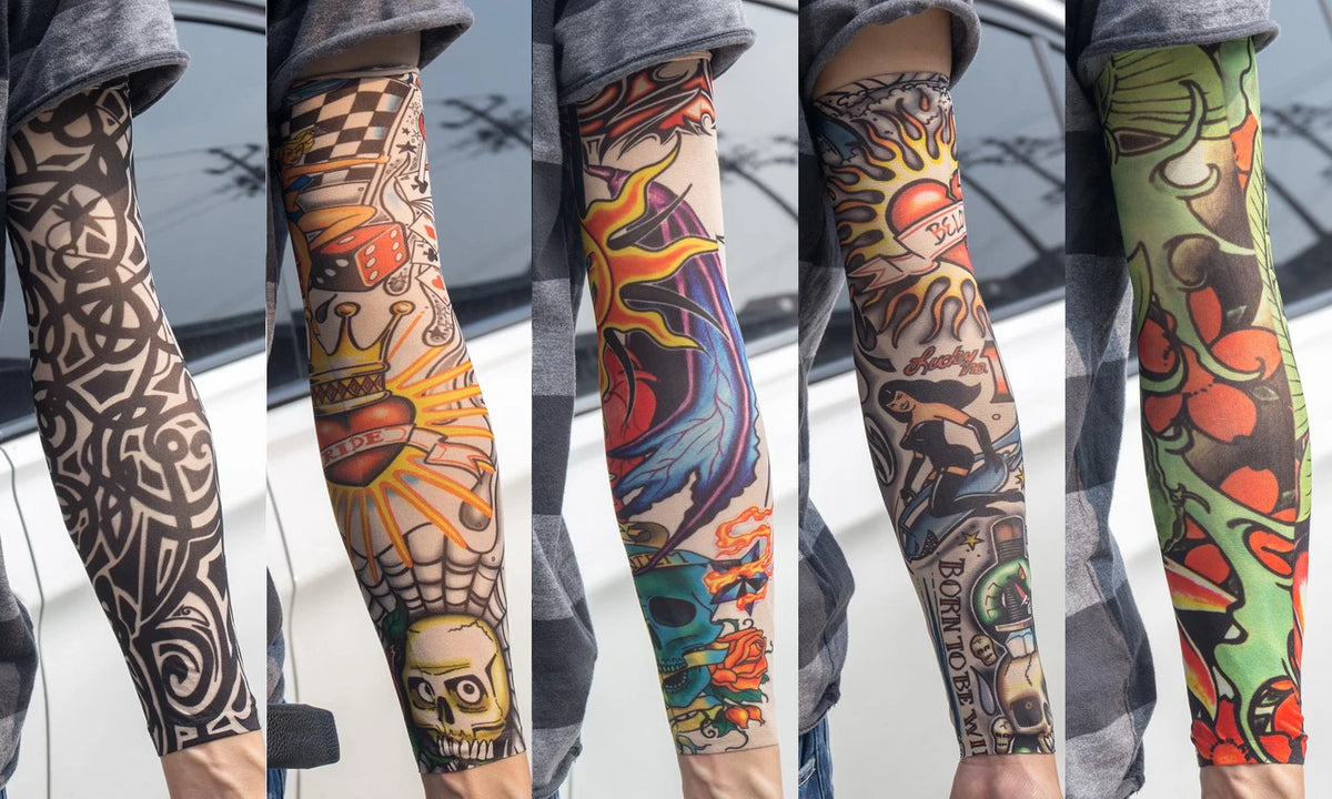Close-up of a person wearing colorful, intricate tattoo arm sleeves for UV protection.