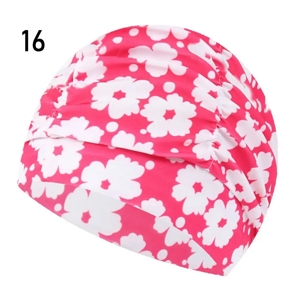 Pink and white floral patterned elastic nylon turban swimming cap