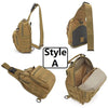 A tan tactical sling backpack shown in multiple views.