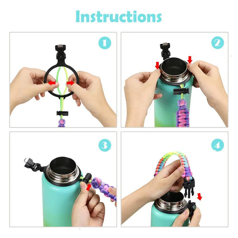 Instructions showing how to attach a paracord strap to a water bottle for hiking and travel