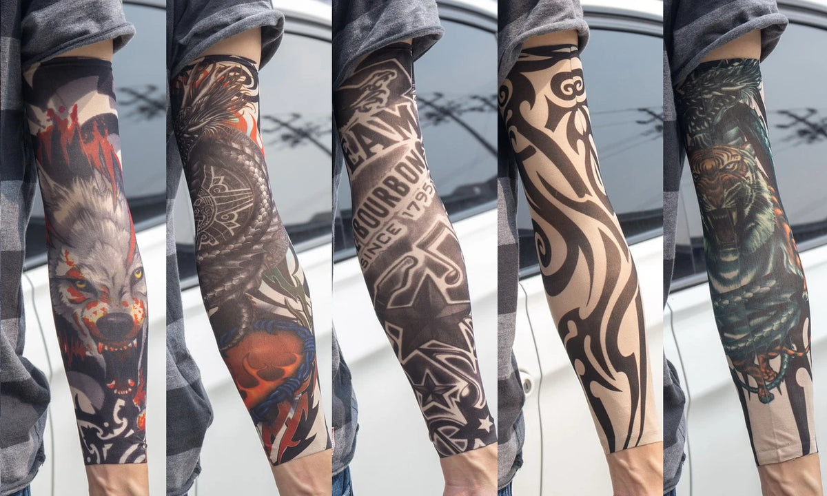 Close-up of a person wearing black and gray reusable UV protection tattoo arm sleeves on their forearm.