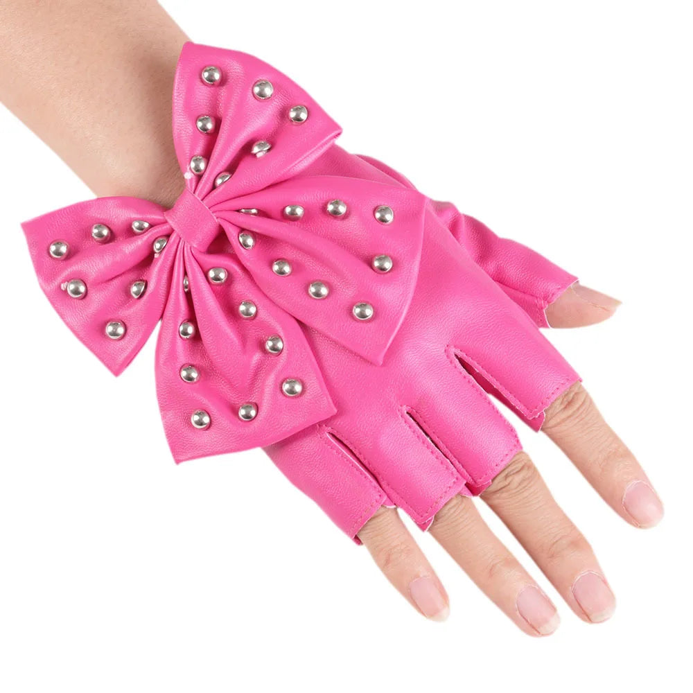 Pinke Damen-Performancehandschuhe mit einer großen Schleife aus besticktem Leder