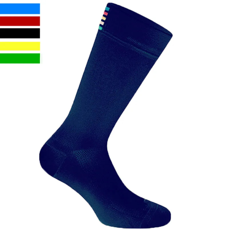 A dark blue performance cycling and sports sock shown in profile.