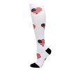 White compression socks with red, white, and blue patriotic heart patterns on the calf and foot.