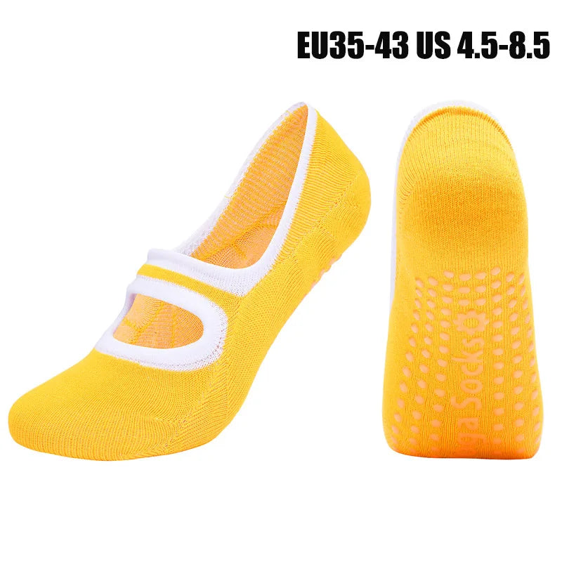 Yellow and white breathable women's pilates and yoga socks shown from the side.