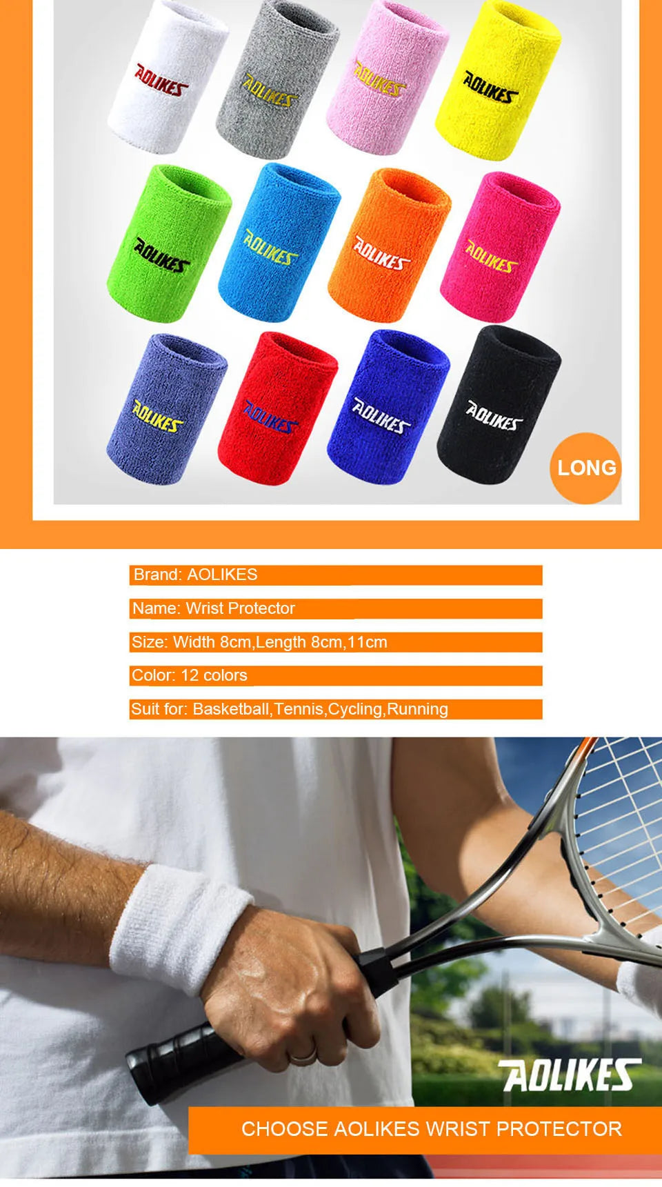 A colorful assortment of AOLIKES wrist protectors for sports and activewear.