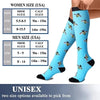 A pair of multi-color compression socks for women and men, showing size charts and the socks themselves.