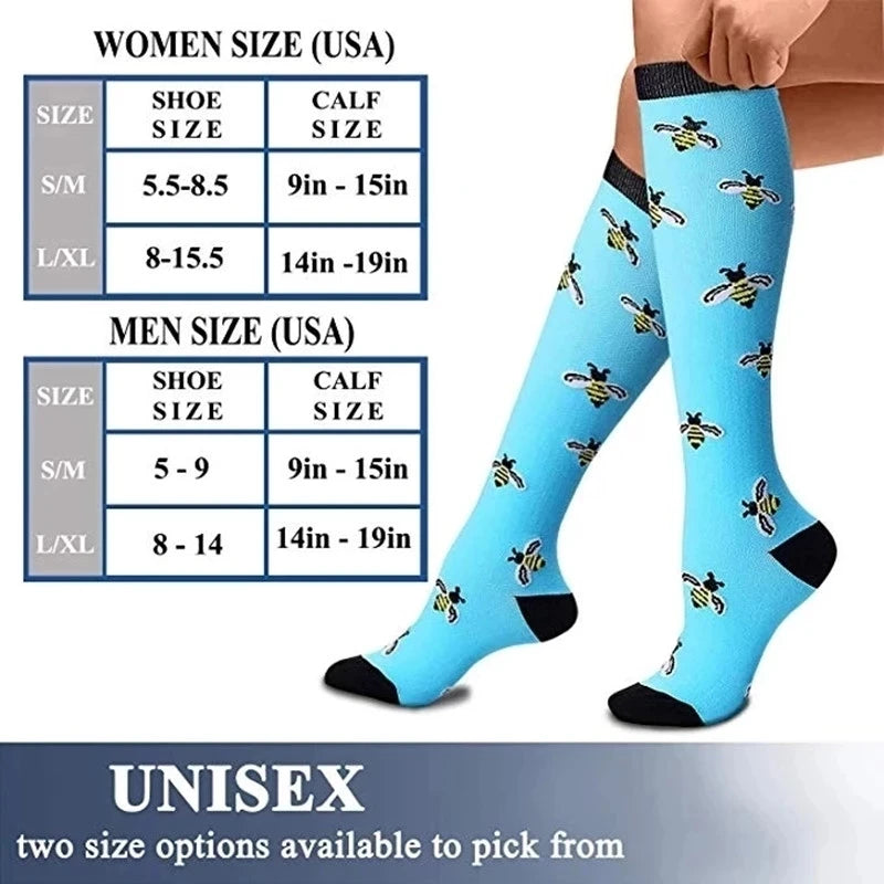 A pair of multi-color compression socks for women and men, showing size charts and the socks themselves.