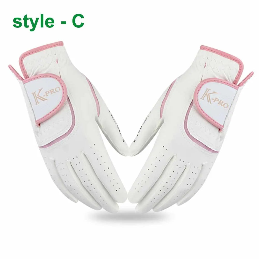 Pair of white golf grips with pink accents and K-Pro branding shown from the palm side.