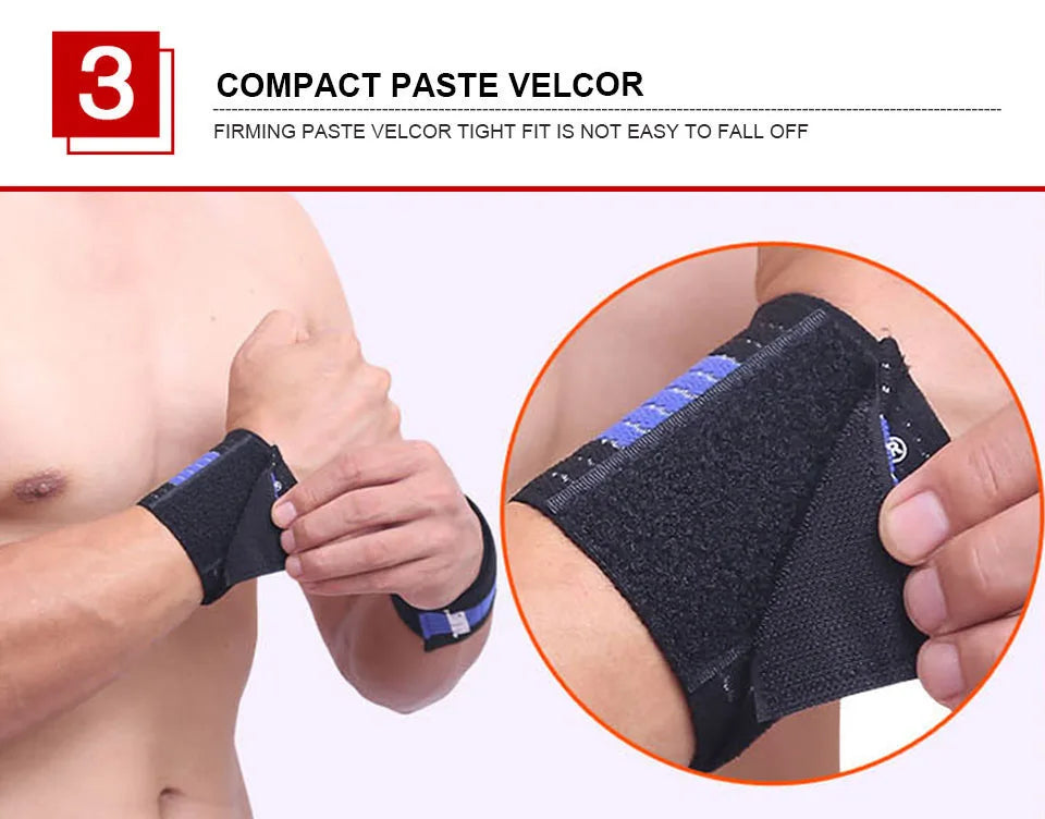 A hand is applying a black elastic wrist strap to a forearm, demonstrating the firm fit of a compact paste velcro product.