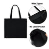 Black canvas tote bag with a zipper and no liner pocket shown in various views.