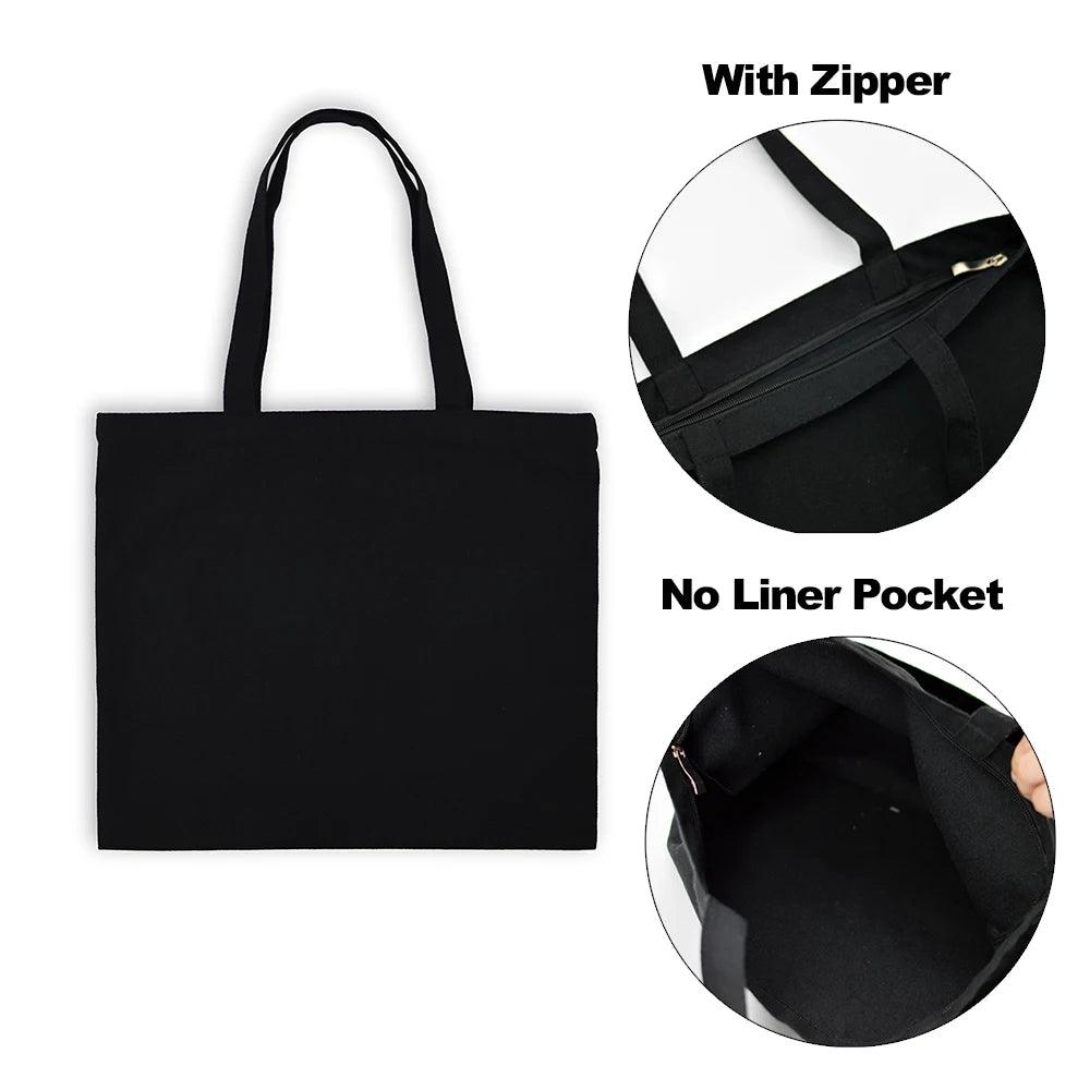 Black canvas tote bag with a zipper and no liner pocket shown in various views.