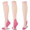 Three pairs of light pink compression socks with pink accents shown standing vertically.