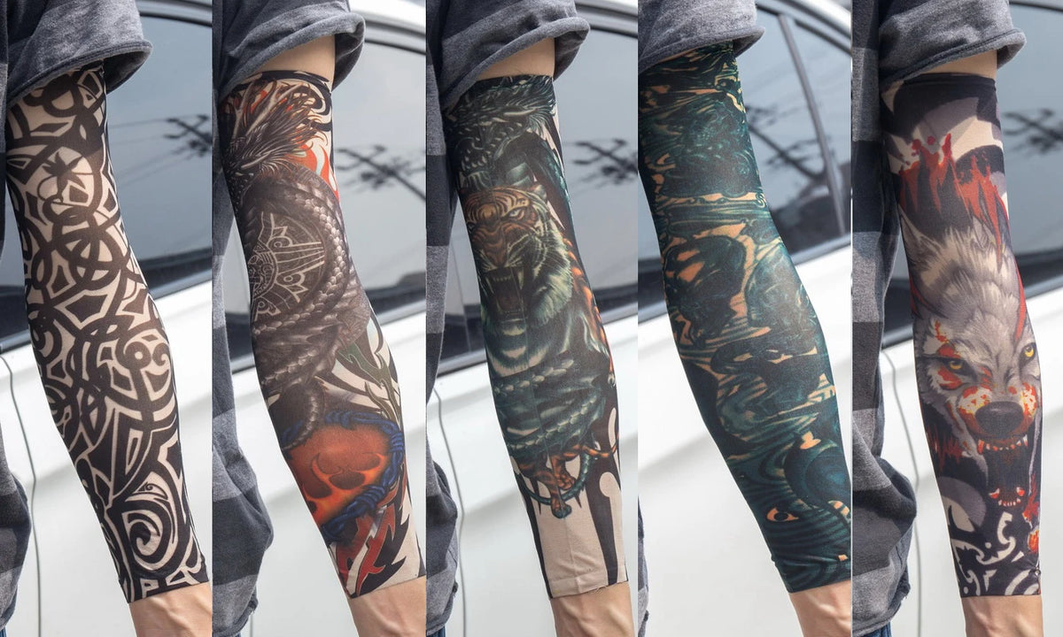 Close-up of a person wearing dark patterned tattoo arm sleeves for UV protection.
