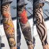 A series of images showing reusable UV protection tattoo arm sleeves applied on an arm.