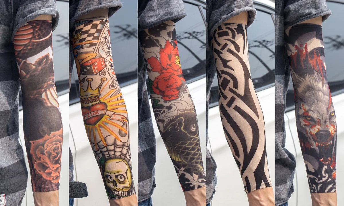 A series of images showing reusable UV protection tattoo arm sleeves applied on an arm.