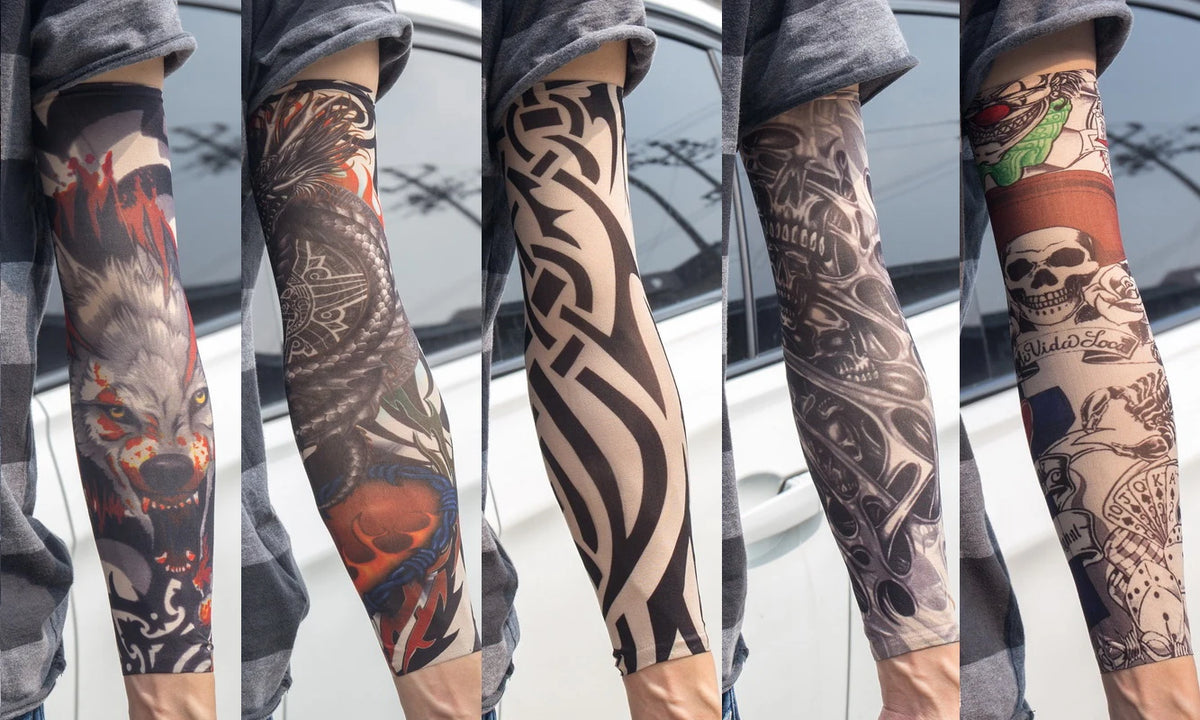 Close-up of a person wearing black and gray reusable UV protection tattoo arm sleeves with intricate designs.