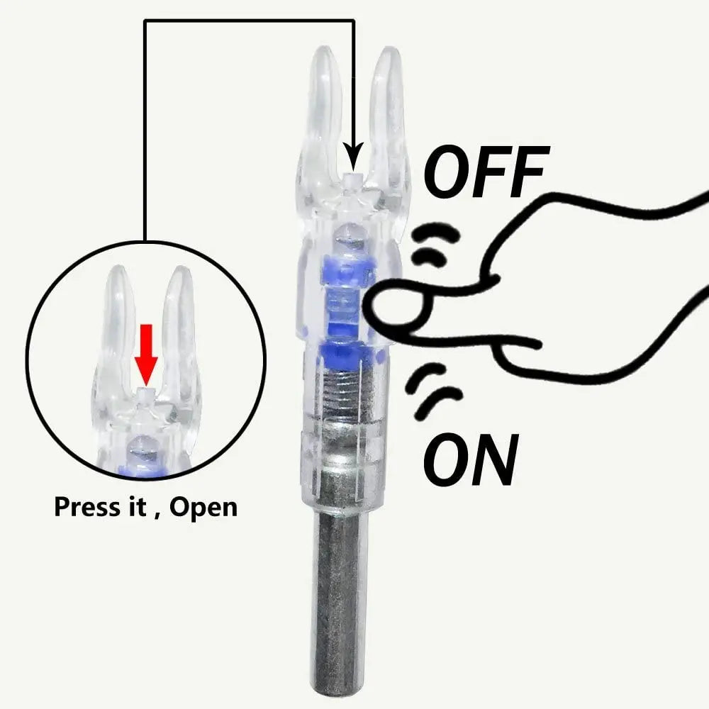 Diagram showing how to press and open lighted arrow nocks for archery, with ON and OFF indicators.
