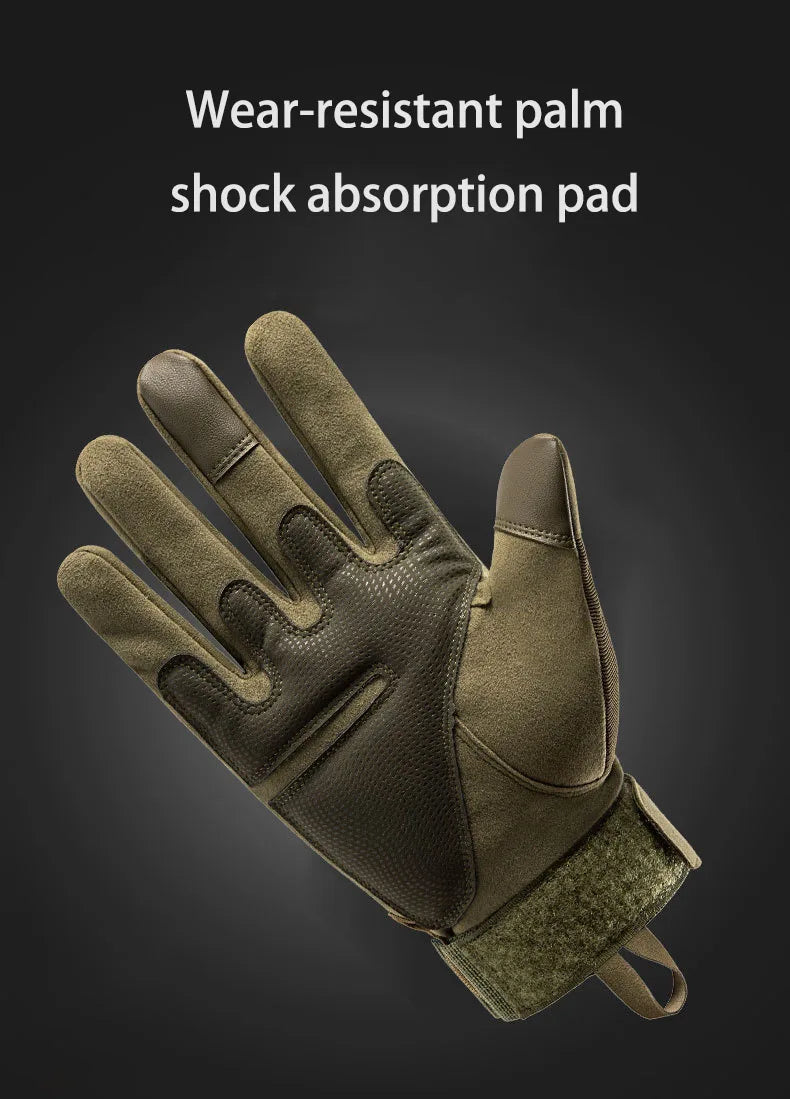 A close-up view of a dark olive green wear-resistant palm shock absorption pad on a tactical sports glove.
