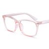 A pair of pink translucent square full frame optical glasses.