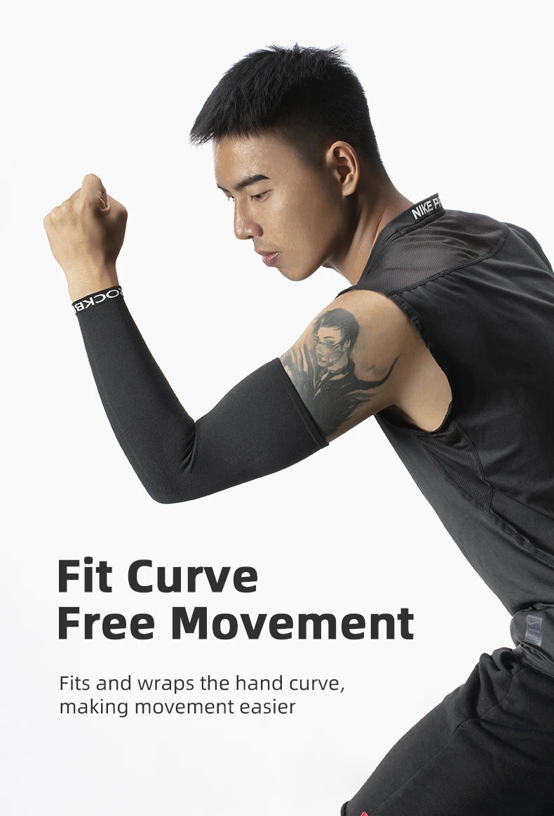 A man wearing black breathable cycling arm sleeves performs a physical movement exercise.