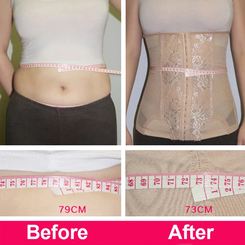 Before and after comparison showing a body shaper waist trainer corset used for slimming the abdomen.