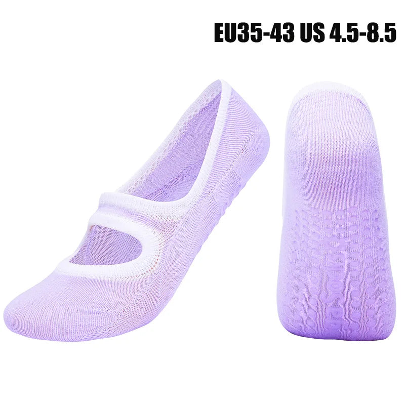 A pair of lavender breathable women's Pilates and yoga socks shown from the side.