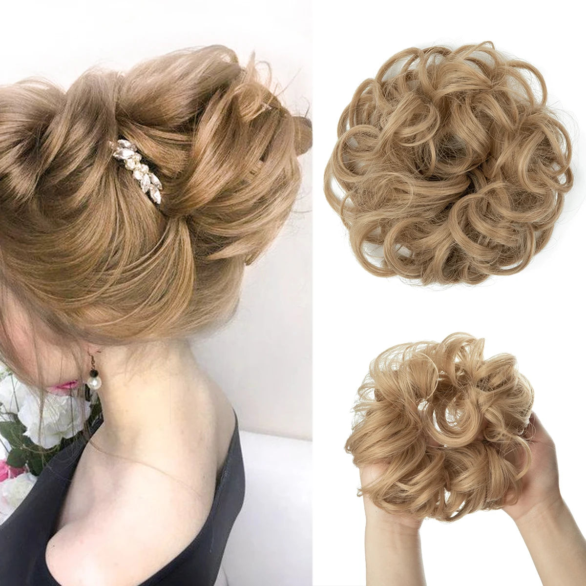 A close-up of messy curly hair bun extensions styled in an elegant updo with soft blonde curls.