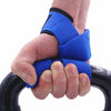 A hand wearing a blue wrist strap for enhanced grip and stability, holding a black gym bar.