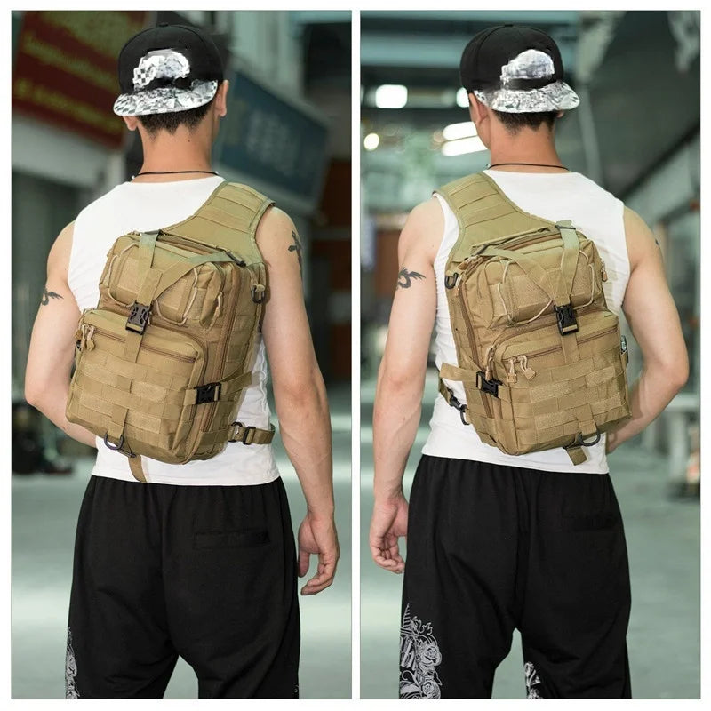 A person wearing a white shirt and black pants is shown from the back carrying a tan tactical sling backpack.
