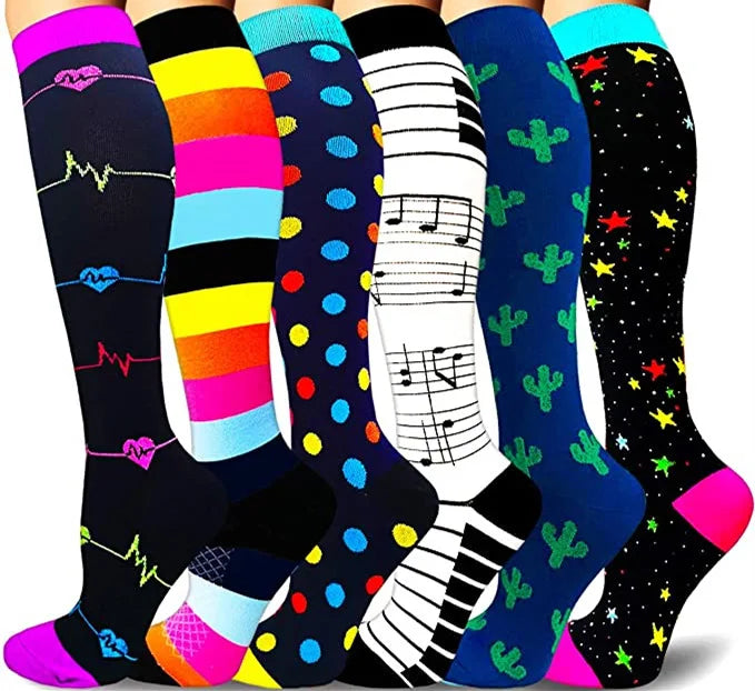 A collection of colorful compression elastic socks featuring various patterns and designs for sports and daily wear.