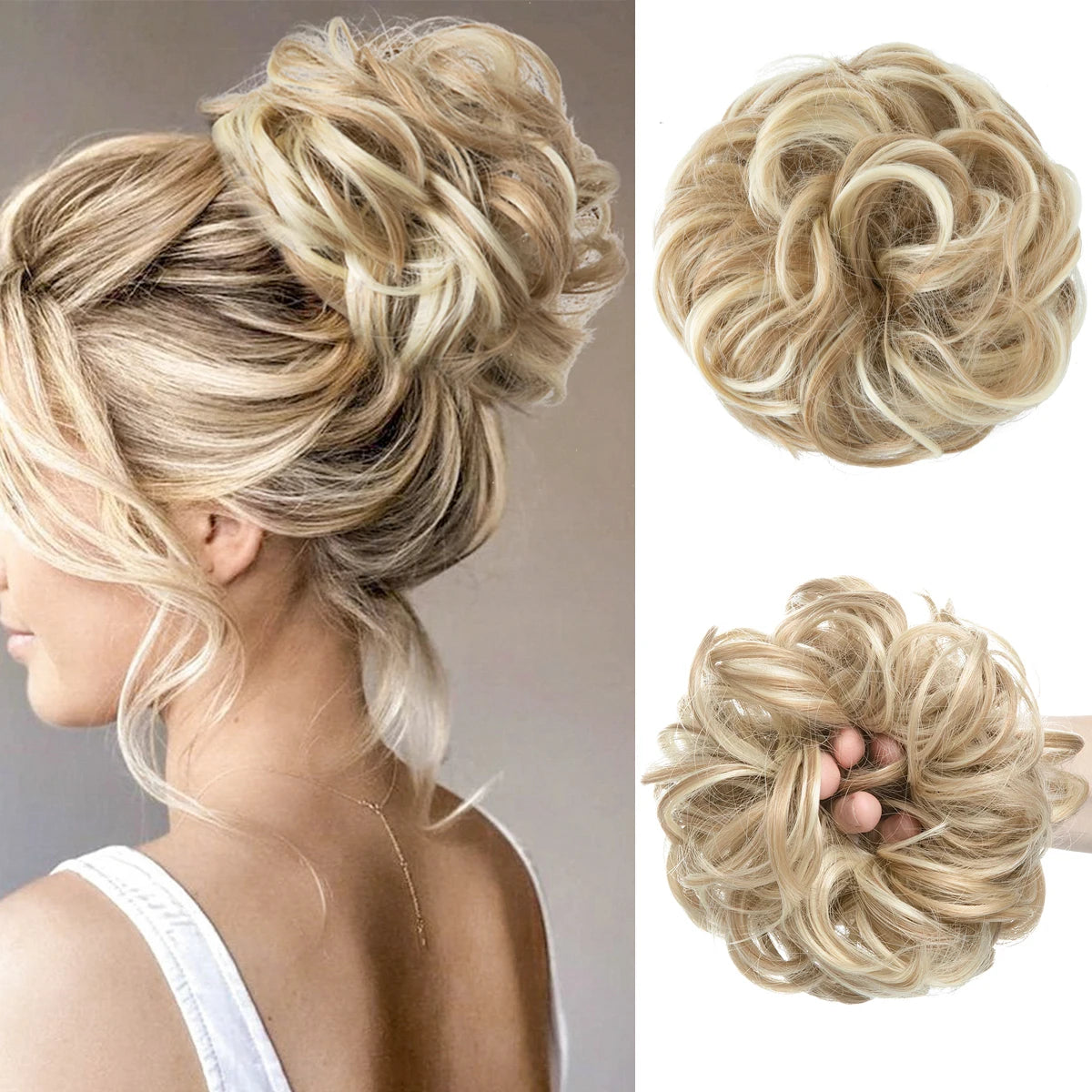 A woman shows off a blonde, messy curly hair bun hairstyle with extensions.