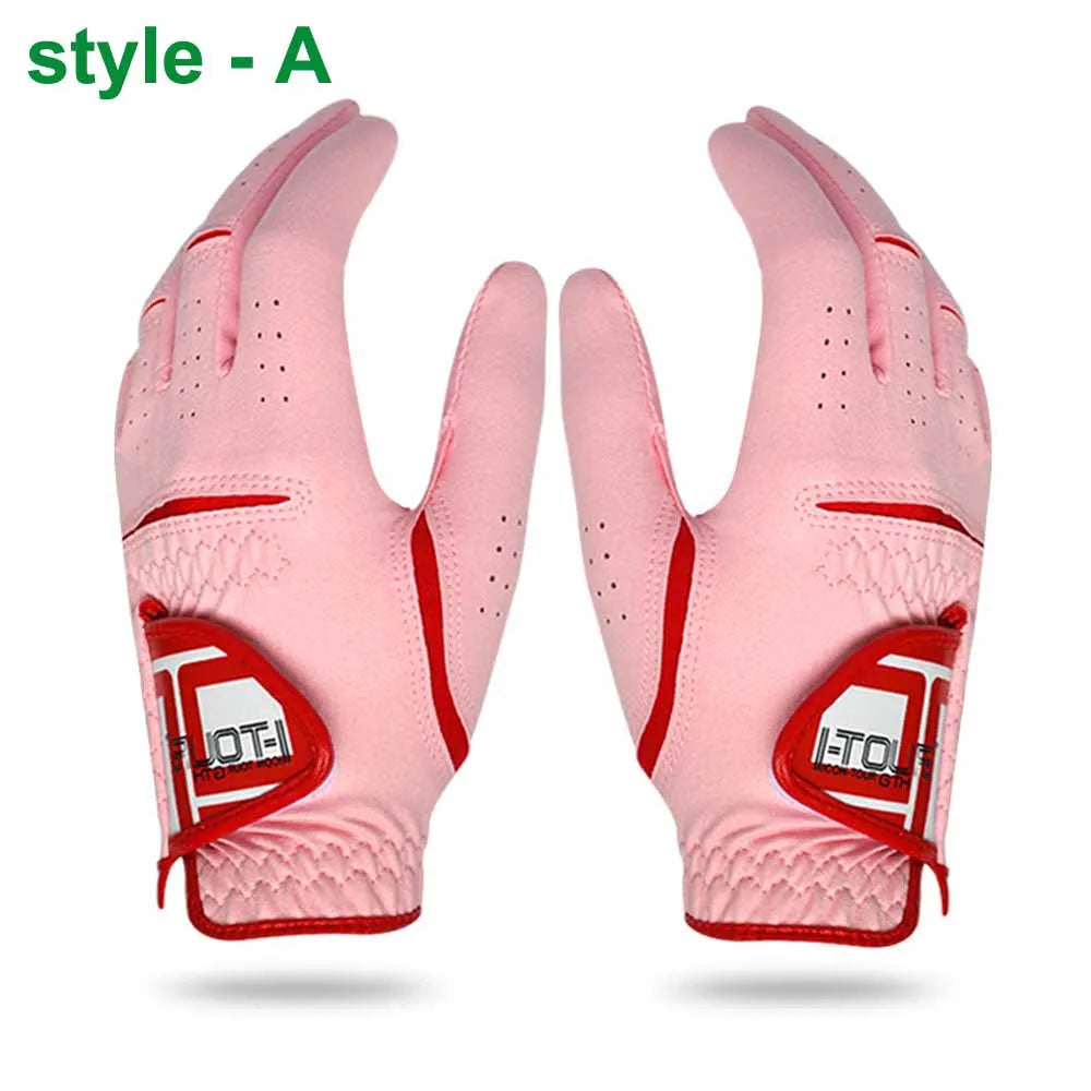 Pair of pink golf grips with red accents shown from the palm side