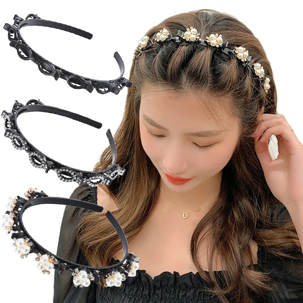 A woman models a black headband decorated with pearls and rhinestones, styled in an updo.