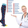 A woman in a white lab coat demonstrates multi-color compression socks with various activity icons.