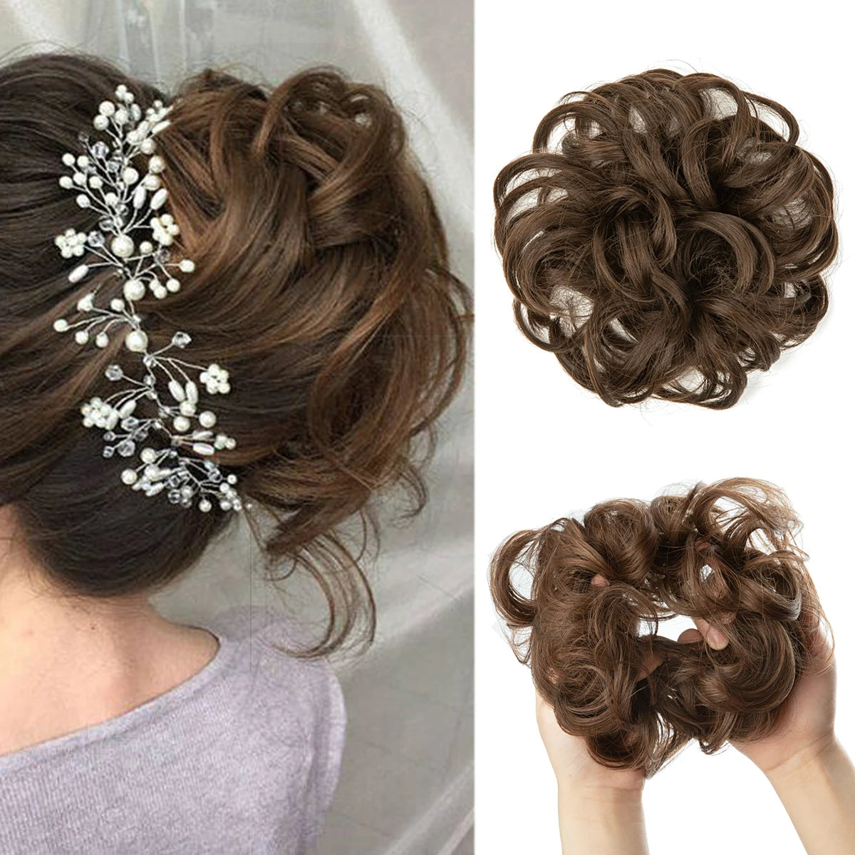 A close-up of messy curly hair bun extensions styled in a loose updo on a person's head.