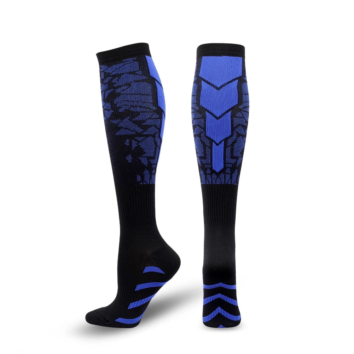 A pair of navy blue graduated compression socks with black and blue patterned designs.