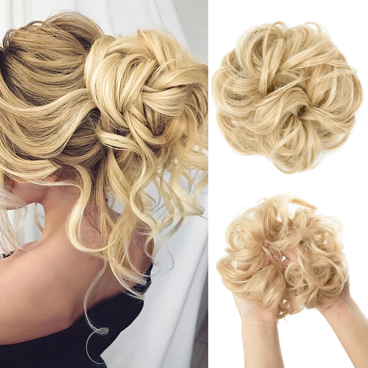 Blonde hair extensions styled in a messy curly bun with loose waves.