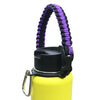 A yellow water bottle with a purple paracord strap attached.