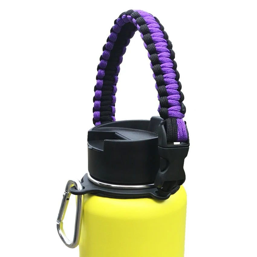 A yellow water bottle with a purple paracord strap attached.